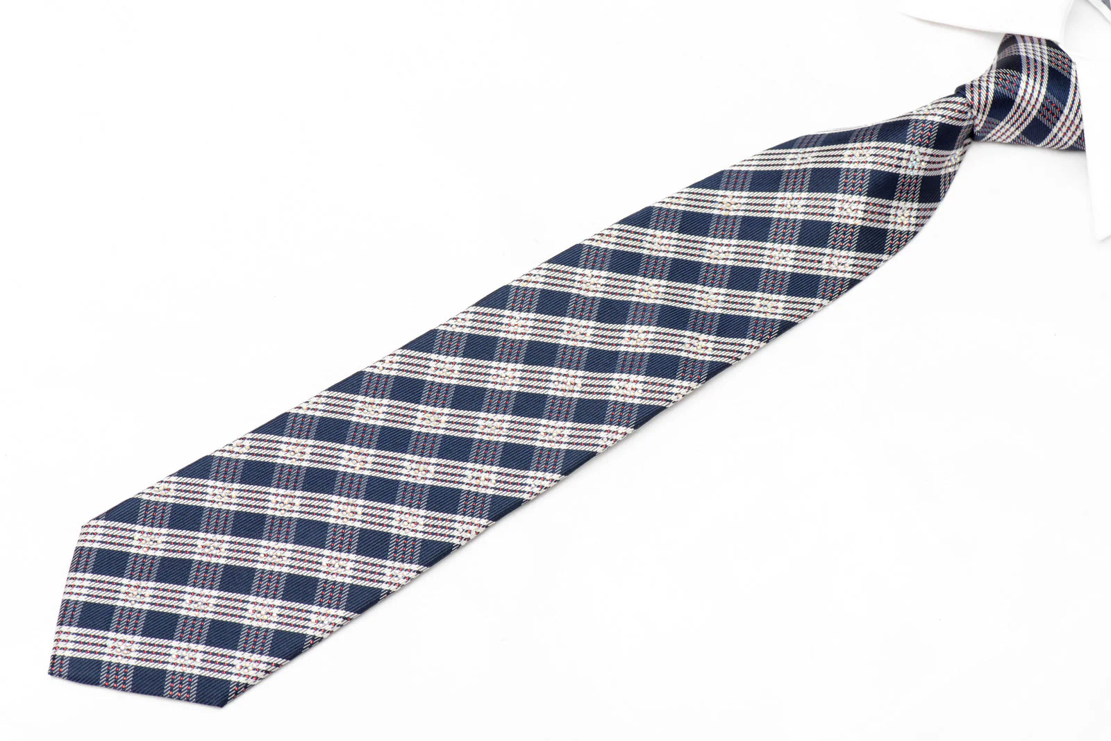 Silver Blue Plaid Checker Rhinestone Silk Tie With Red Sparkles - Image 2