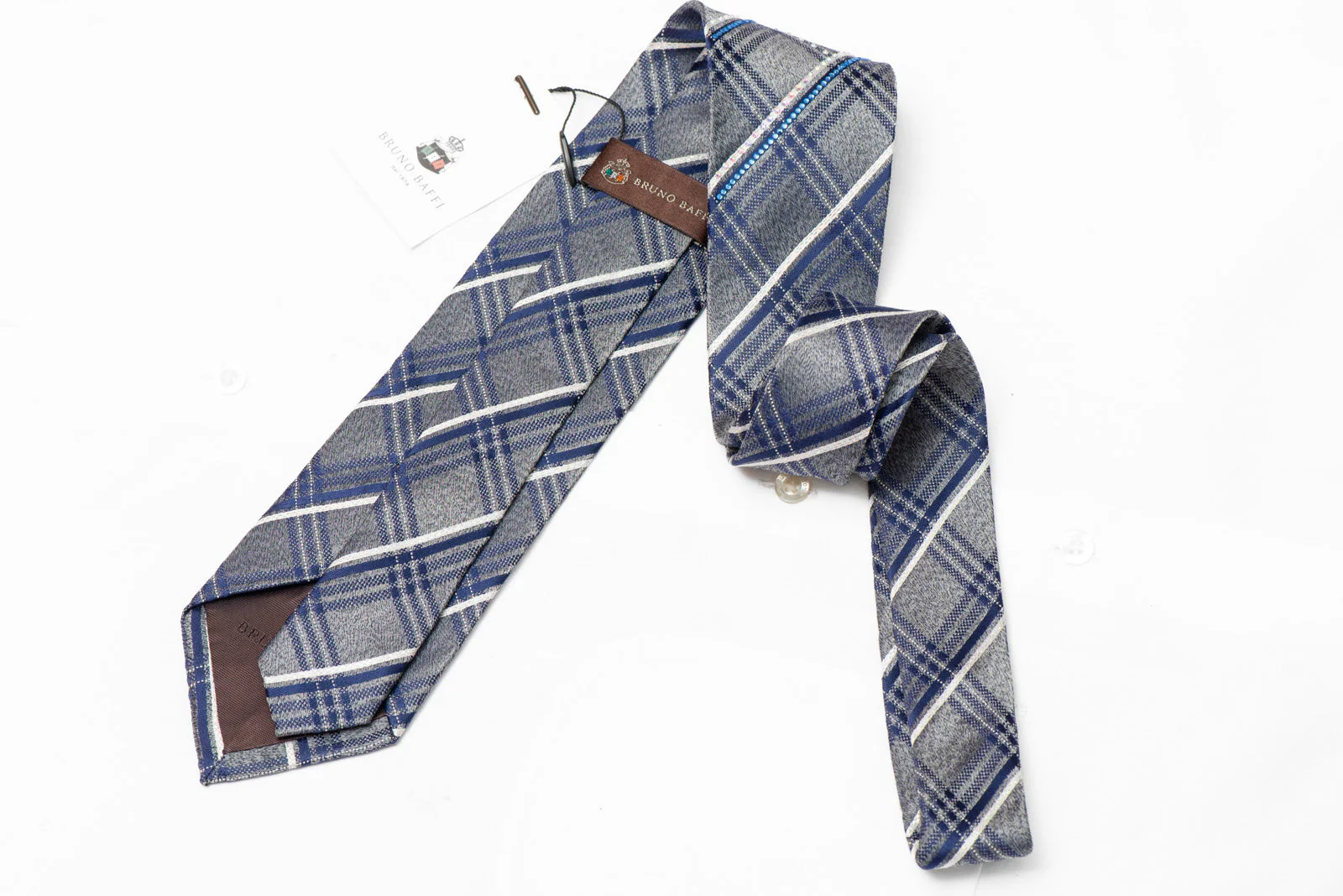 Silver Blue Plaid Design Rhinestone Tie With Silver Sparkles - Image 3