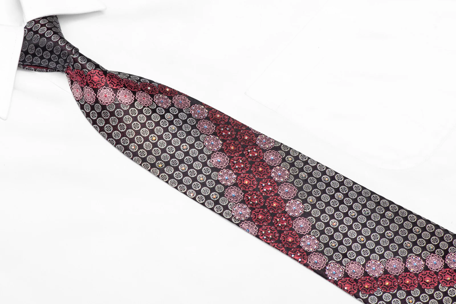 Silver Burgundy Cartouche Medallions On Navy Rhinestone Tie With Sparkles - Image 2