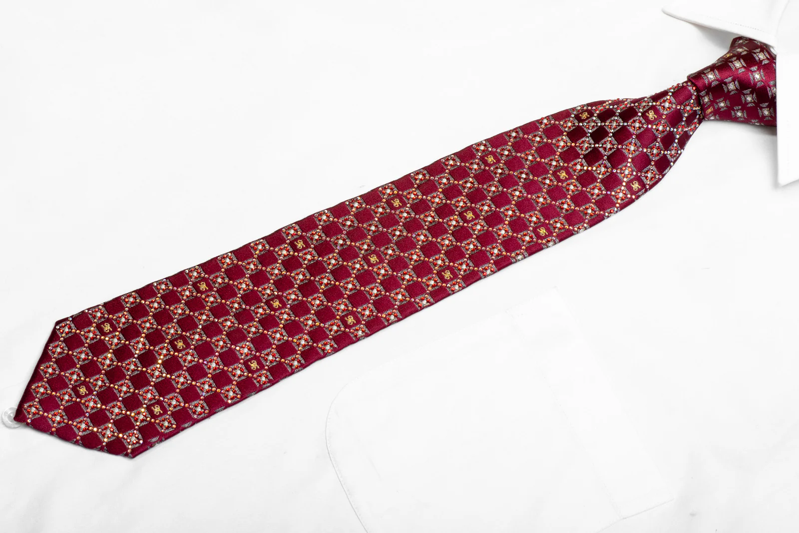 Silver Burgundy Checkered Rhinestone Silk Necktie With Sparkles - Image 3