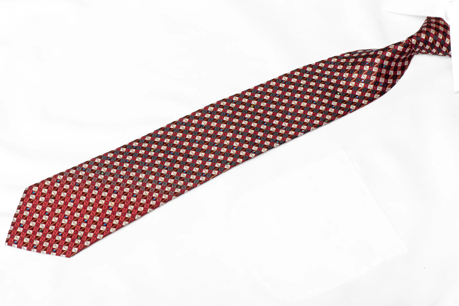 Silver Burgundy Gray Checkered Rhinestone Silk Necktie With Gold Sparkles - Image 2