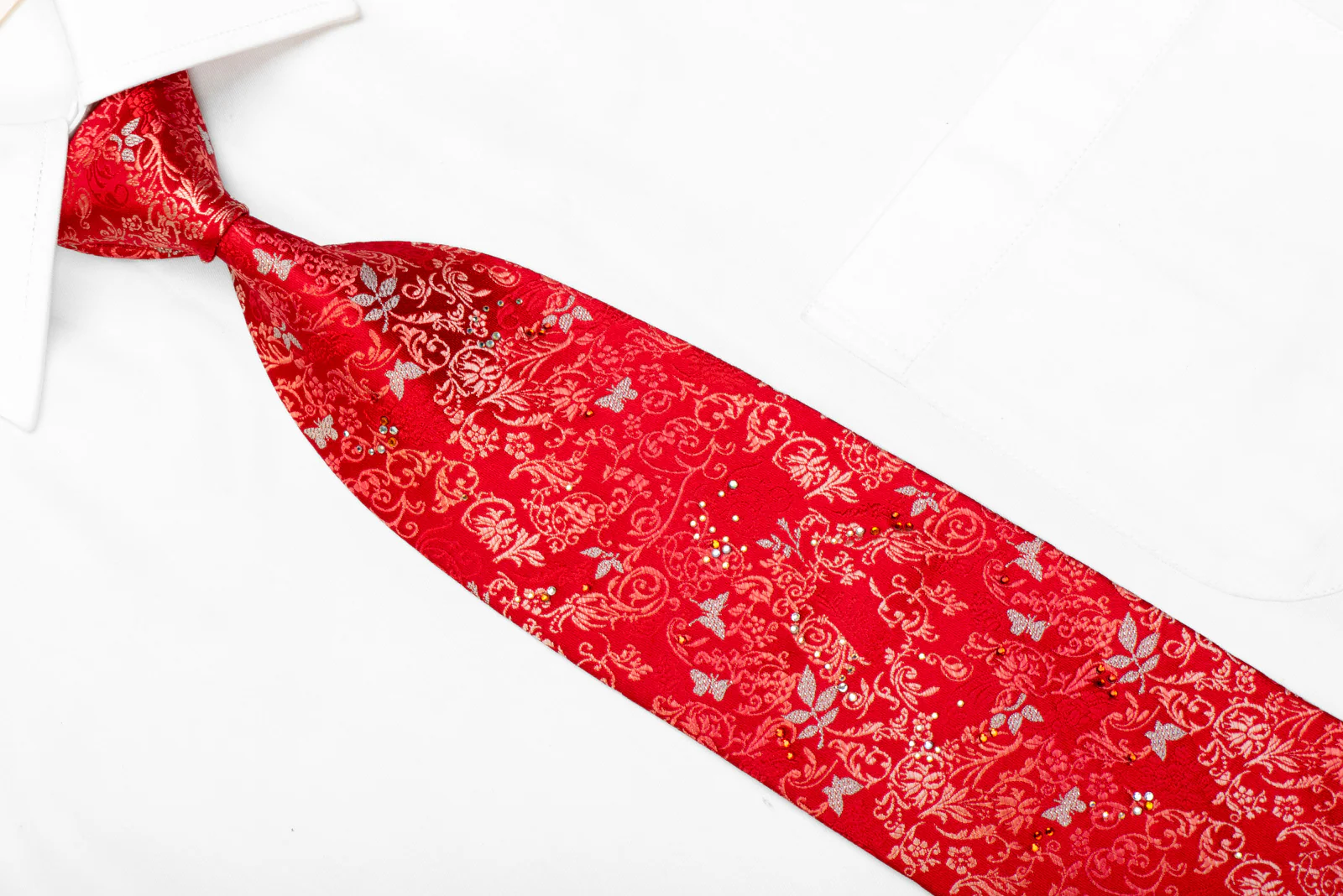 Silver Butterflies & Floral On Red Rhinestone Silk Necktie With Sparkles - Image 2