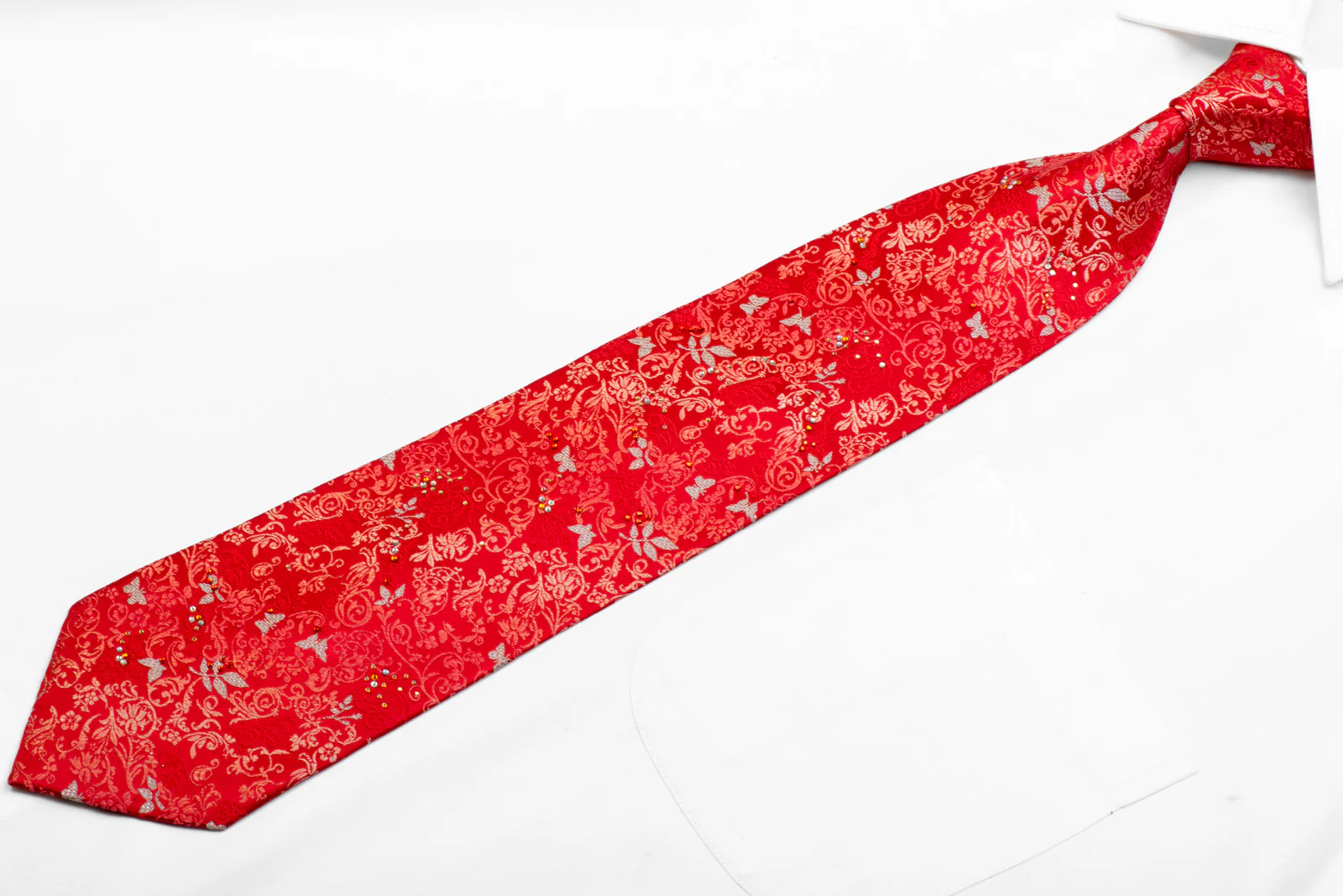 Silver Butterflies & Floral On Red Rhinestone Silk Necktie With Sparkles - Image 3