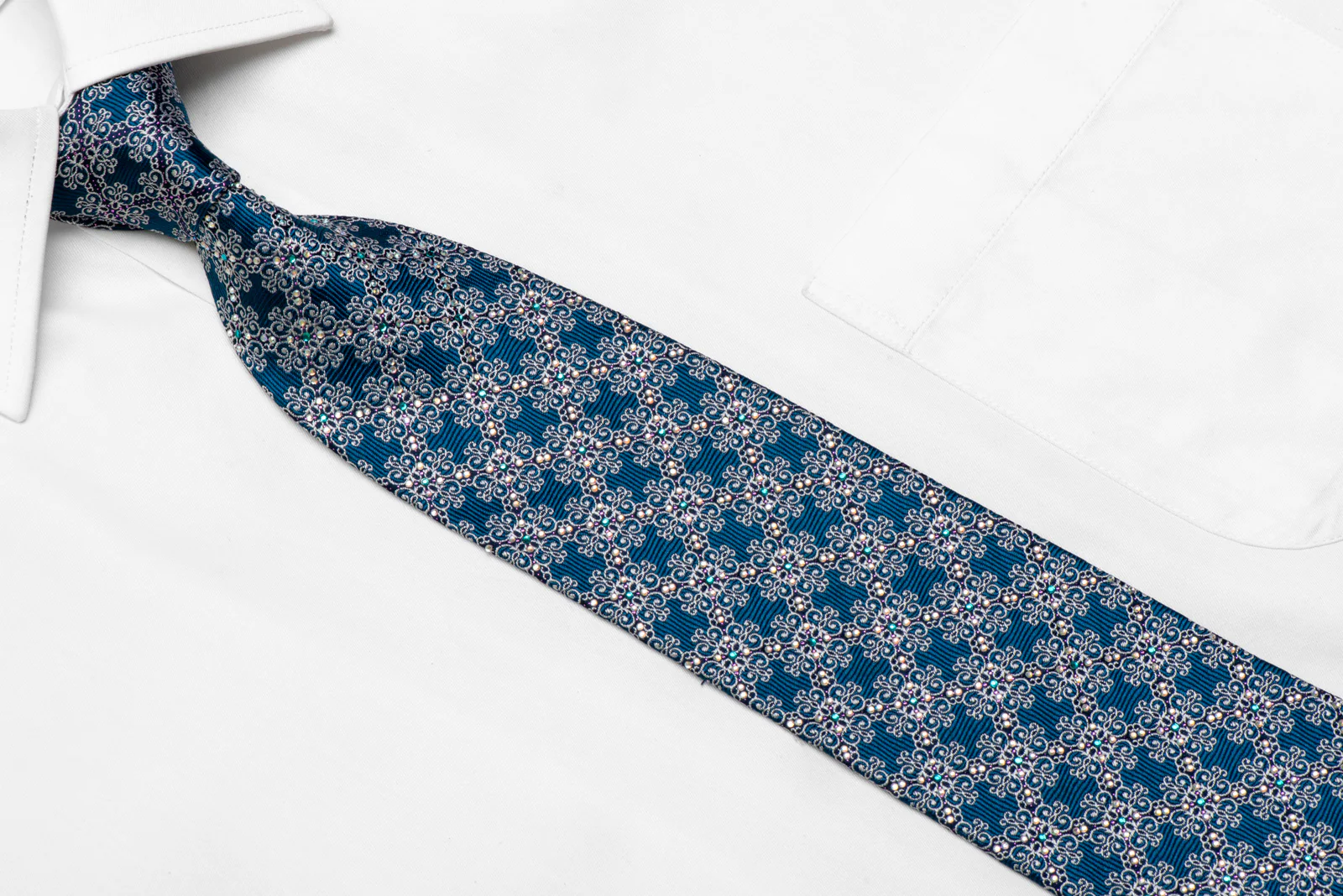Silver Cartouche On Teal Rhinestone Silk Necktie With Purple Sparkles - Image 2