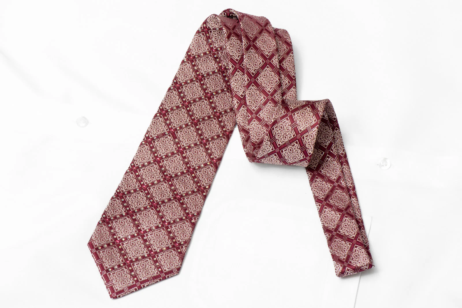 Silver Celtic Knot Pattern On Burgundy Rhinestone Silk Necktie With Silver Sparkles - Image 4