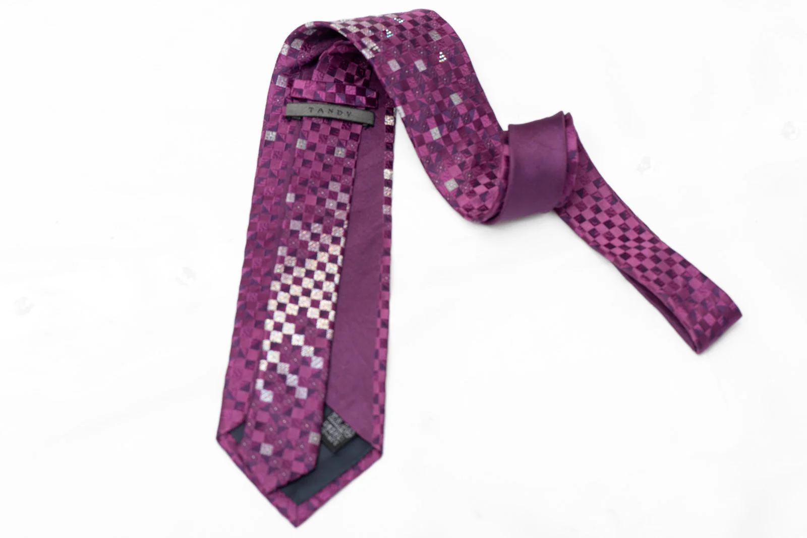 Silver Checker On Purple Rhinestone Silk Necktie With Silver Sparkles - Image 3