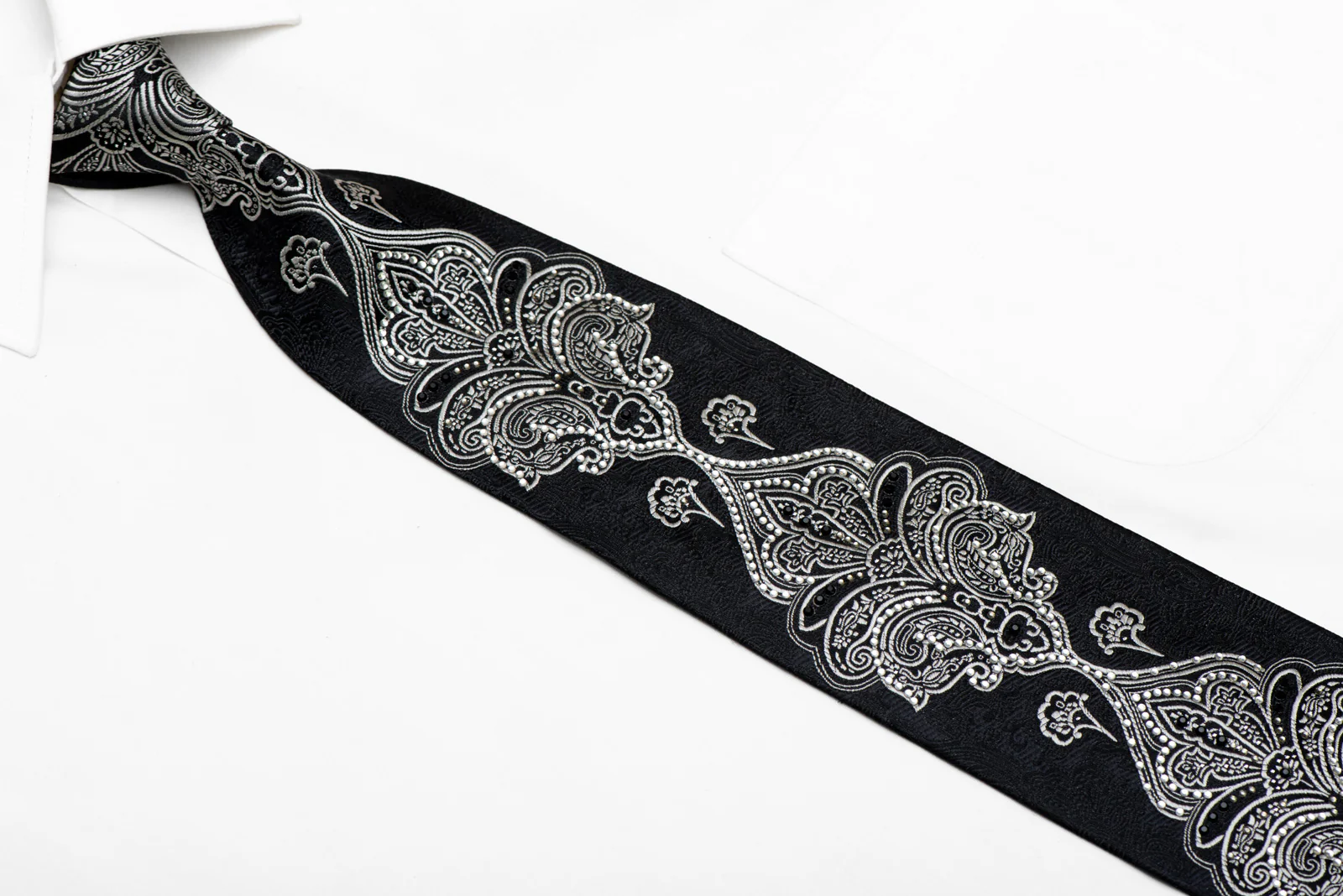 Silver Damask On Black Crystal Rhinestone Silk Necktie - Image 2