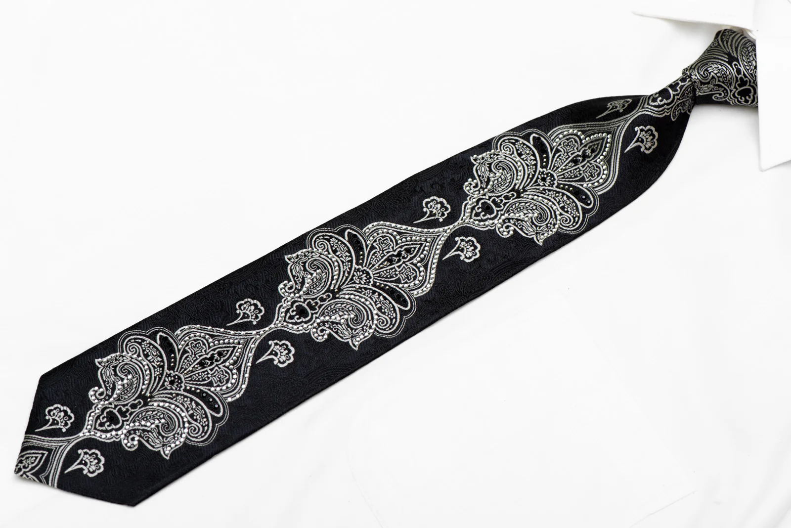 Silver Damask On Black Crystal Rhinestone Silk Necktie - Image 3