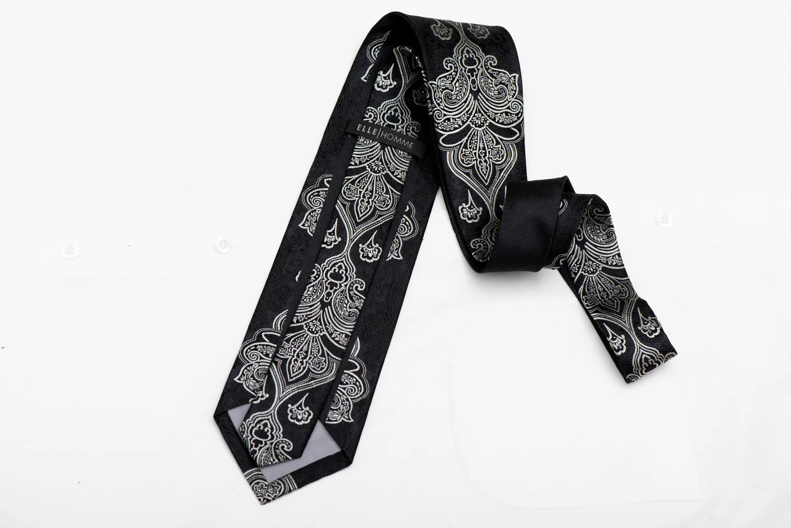Silver Damask On Black Crystal Rhinestone Silk Necktie - Image 4