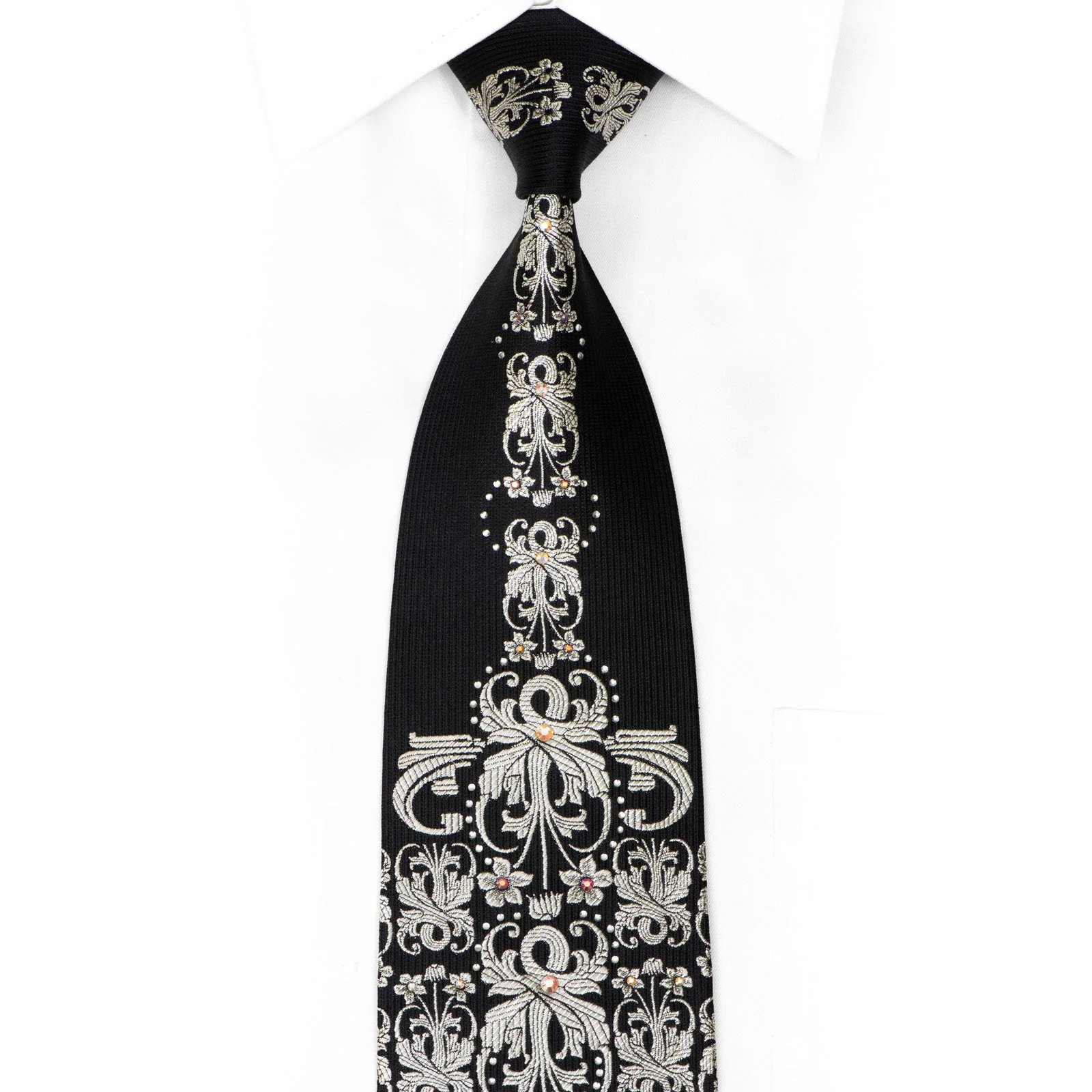 Silver Damask On Black Crystal Rhinestone Silk Tie With Sparkles
