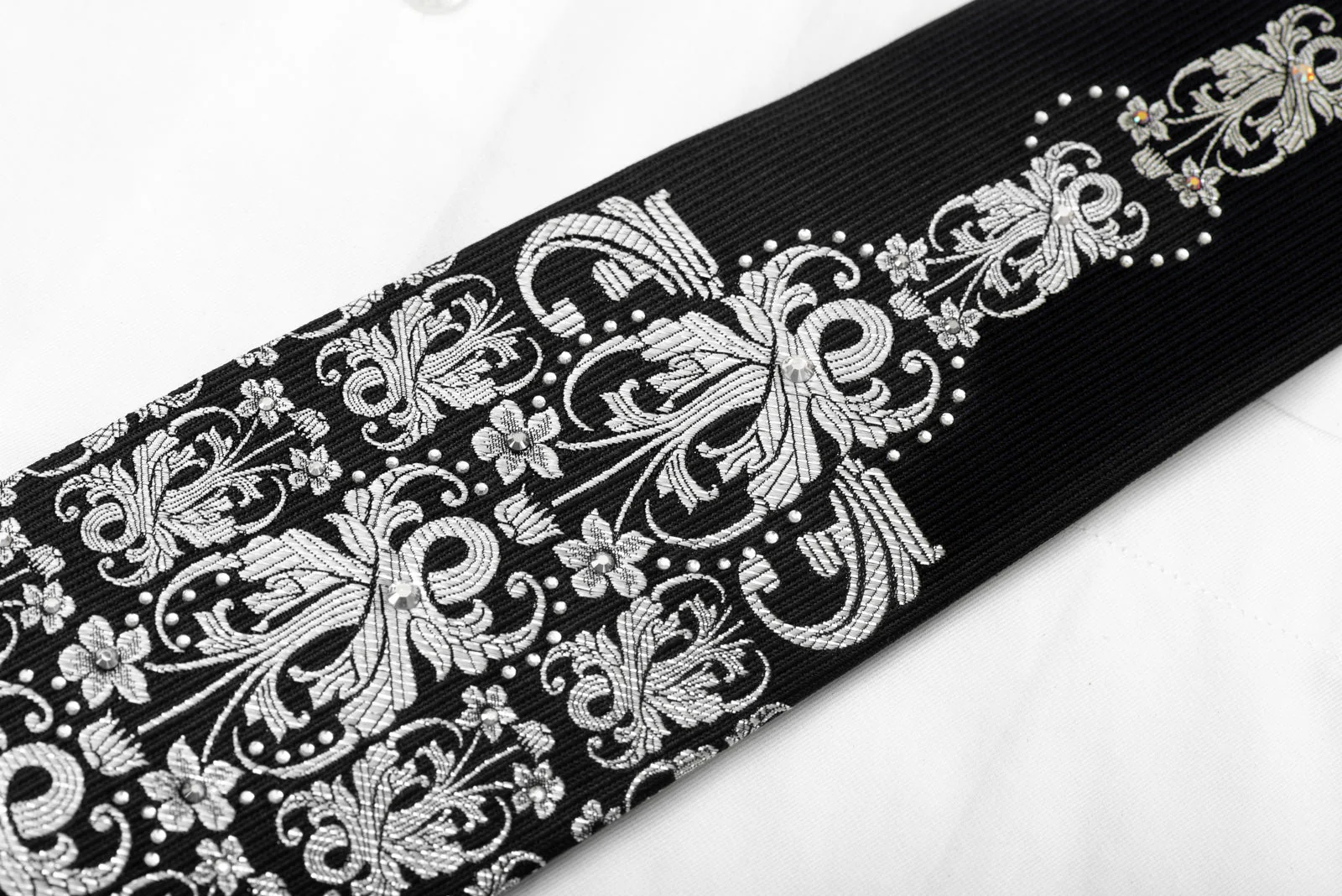 Silver Damask On Black Crystal Rhinestone Silk Tie With Sparkles - Image 5
