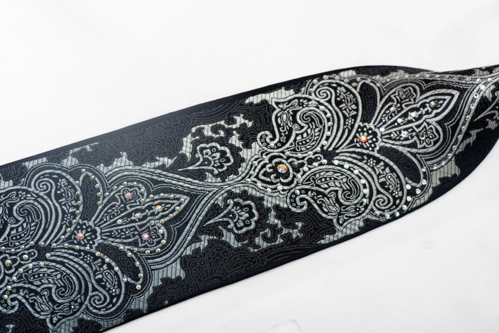 Silver Damask On Black Rhinestone Silk Necktie With Sparkles - Image 3