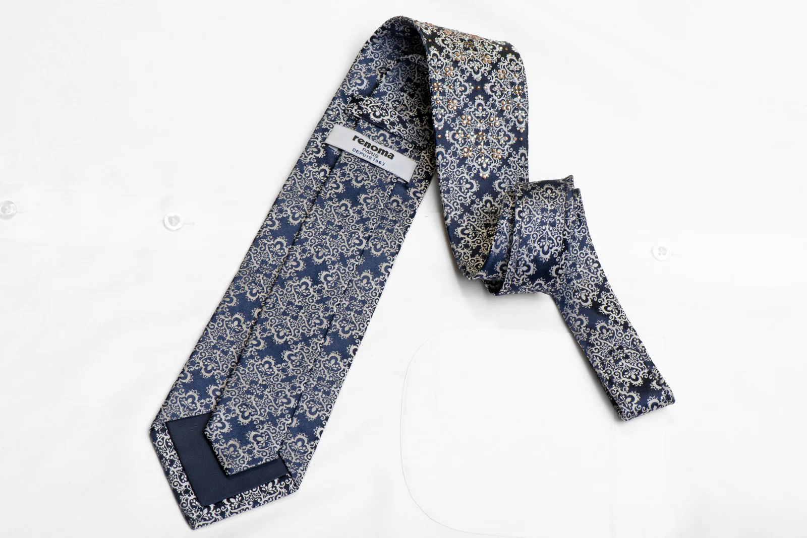 Silver Damask On Navy Rhinestone Silk Necktie - Image 4