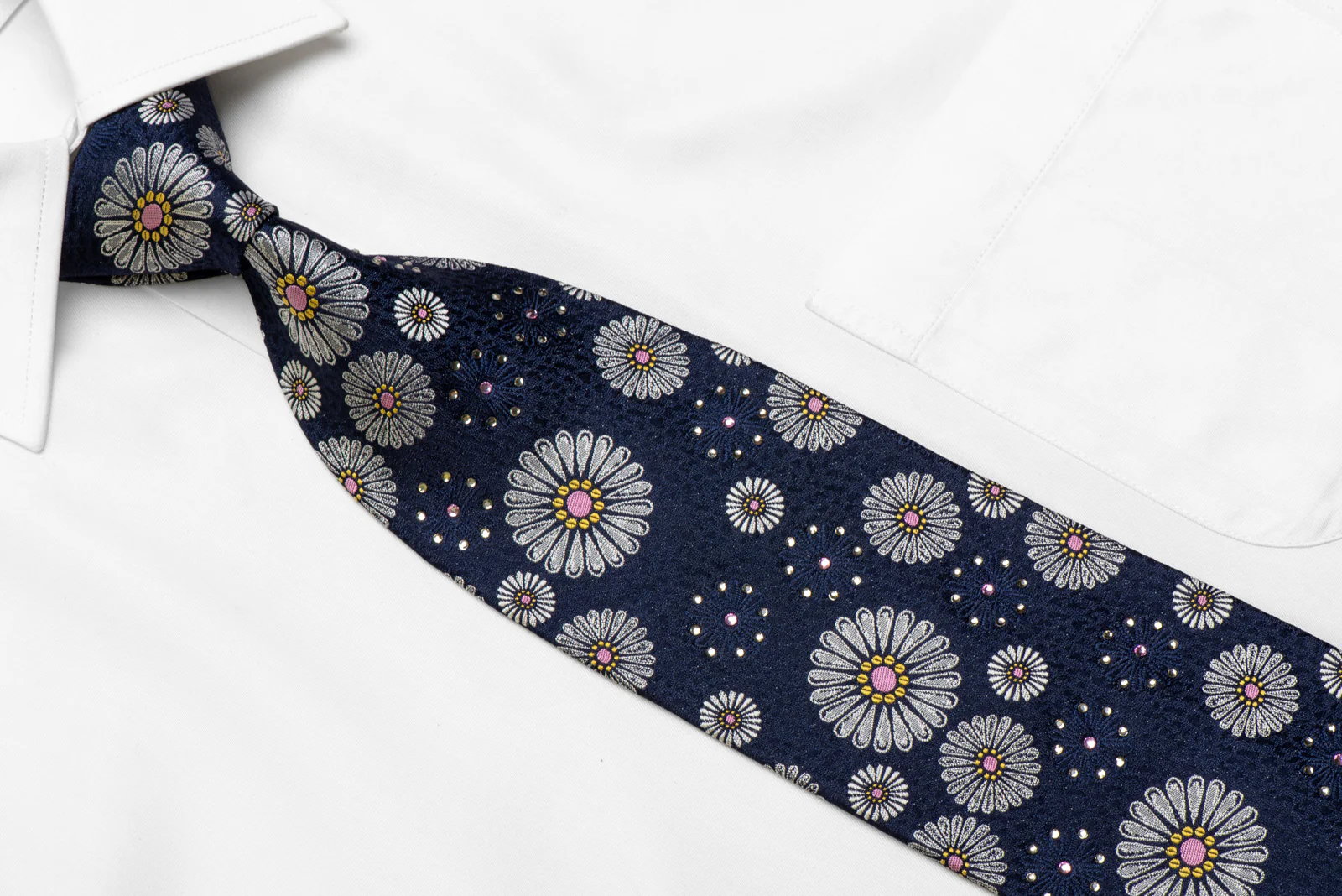 Silver Floral On Blue Rhinestone Silk Necktie - Image 2