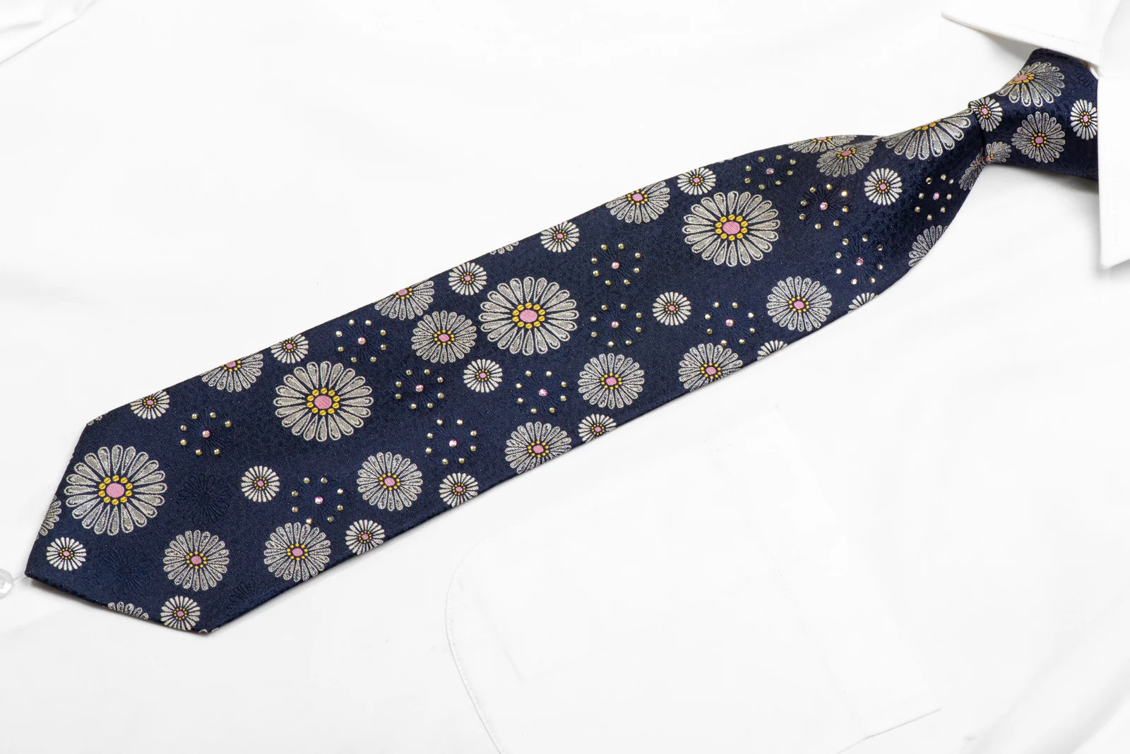 Silver Floral On Blue Rhinestone Silk Necktie - Image 3