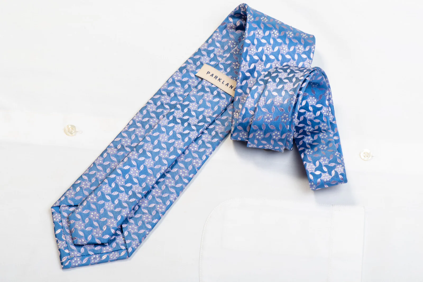 Silver Floral On Blue With Silver Sparkles Rhinestone Silk Necktie - Image 4
