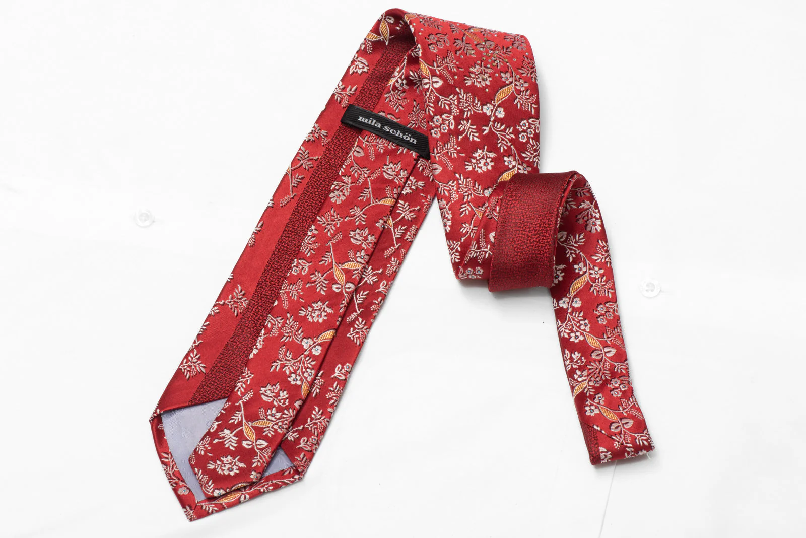 Silver Floral On Red Rhinestone Silk Tie With Gold Blue Silver Sparkles - Image 3