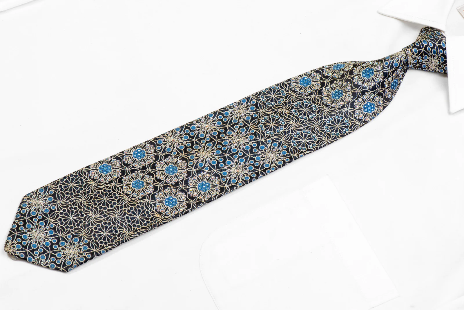 Silver Floral Trellis On Black Rhinestone Tie With Silver Sparkles - Image 3