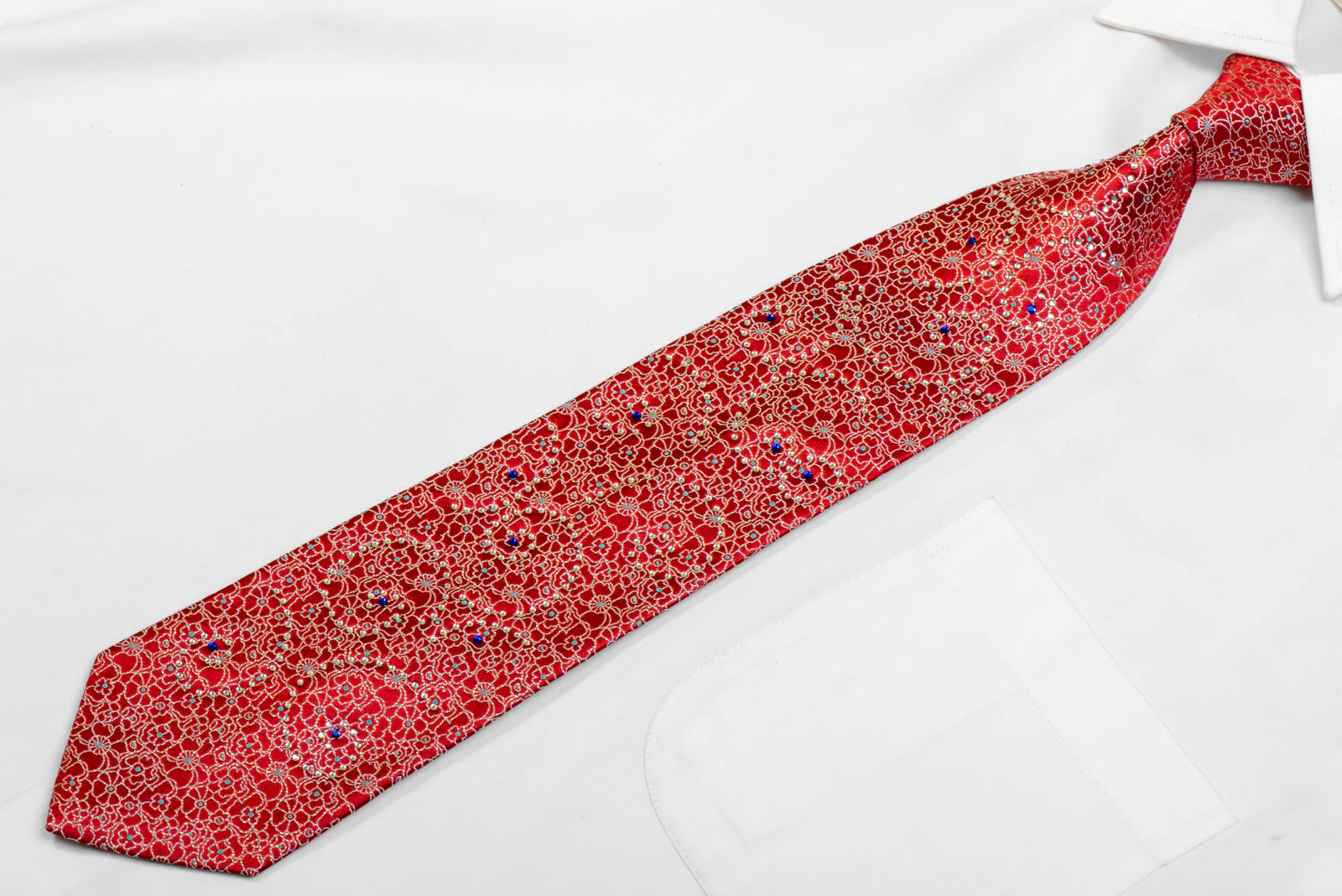 Silver Floral Trellis On Red Rhinestone Silk Necktie With Sparkles - Image 3
