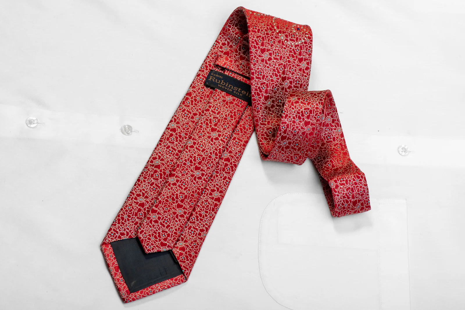 Silver Floral Trellis On Red Rhinestone Silk Necktie With Sparkles - Image 4