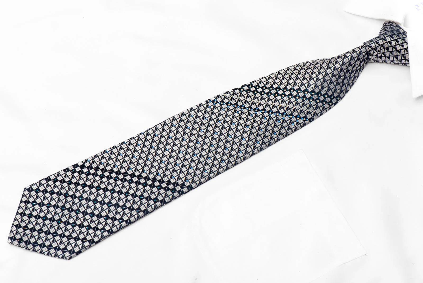 Silver Geometric Checkered On Navy Blue Rhinestone Necktie With Silver Sparkles - Image 2