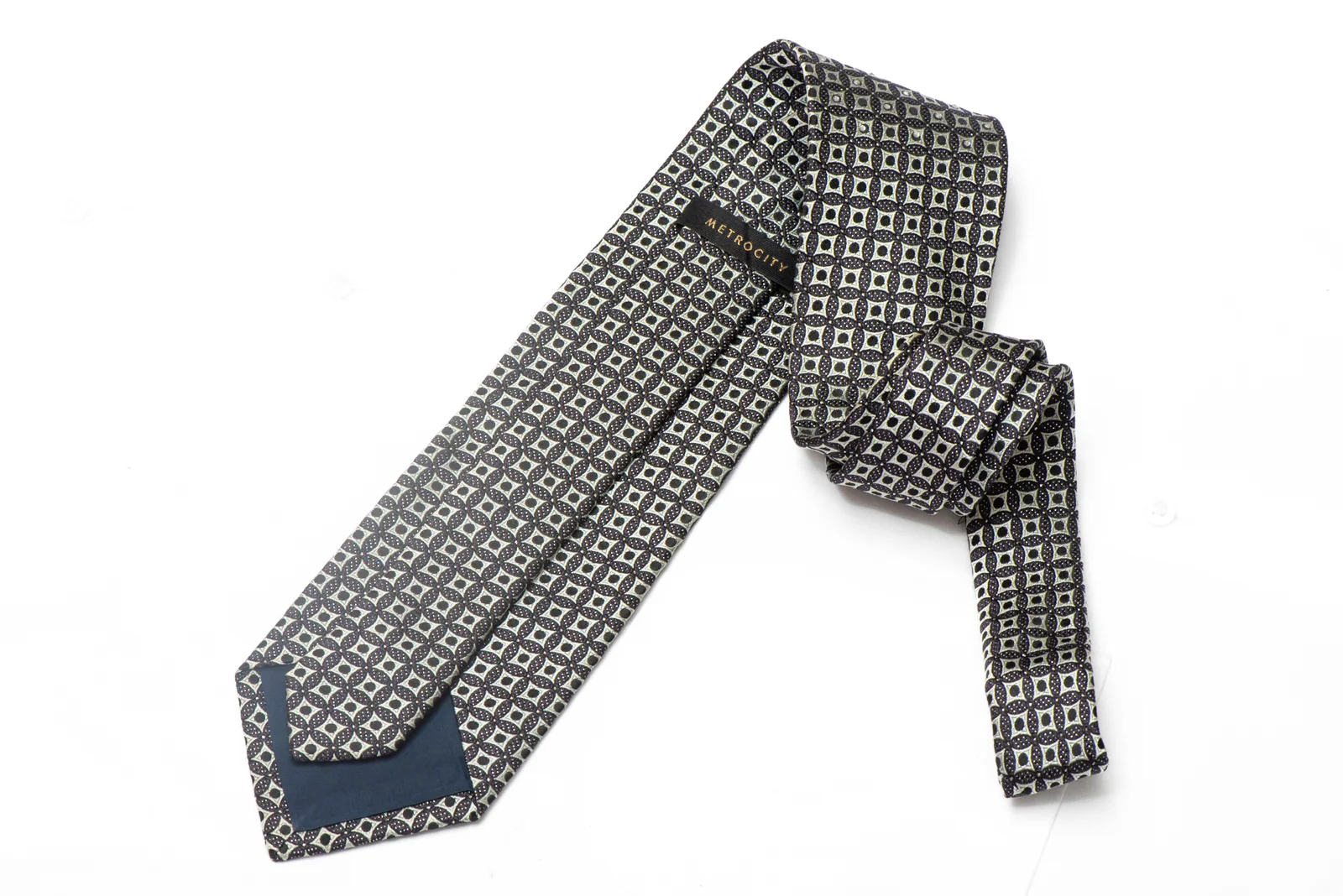Silver Geometric Design On Black Rhinestone Silk Necktie With Silver Sparkles - Image 3