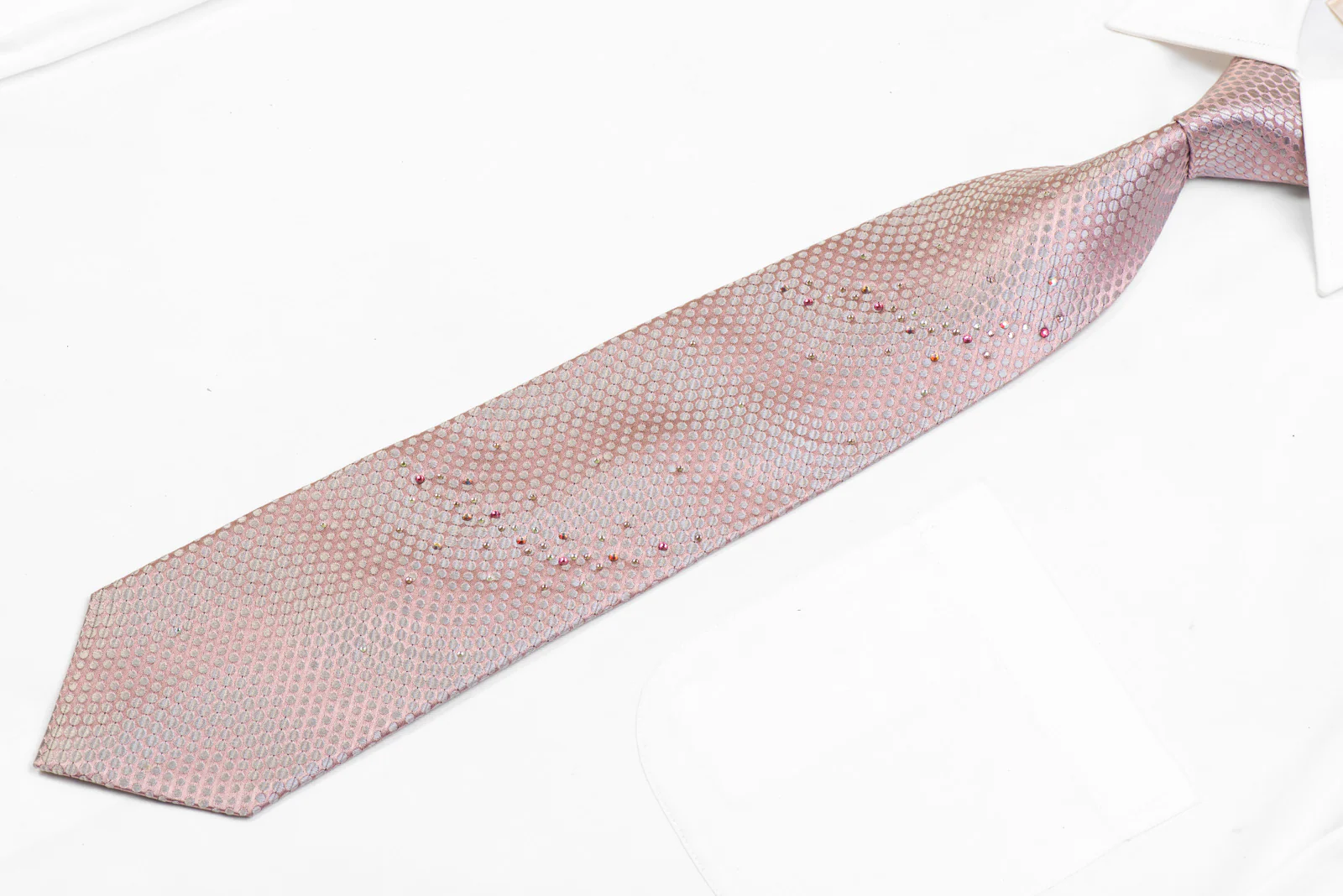 Silver Geometric Dots On Salmon Pink Rhinestone Silk Tie - Image 3