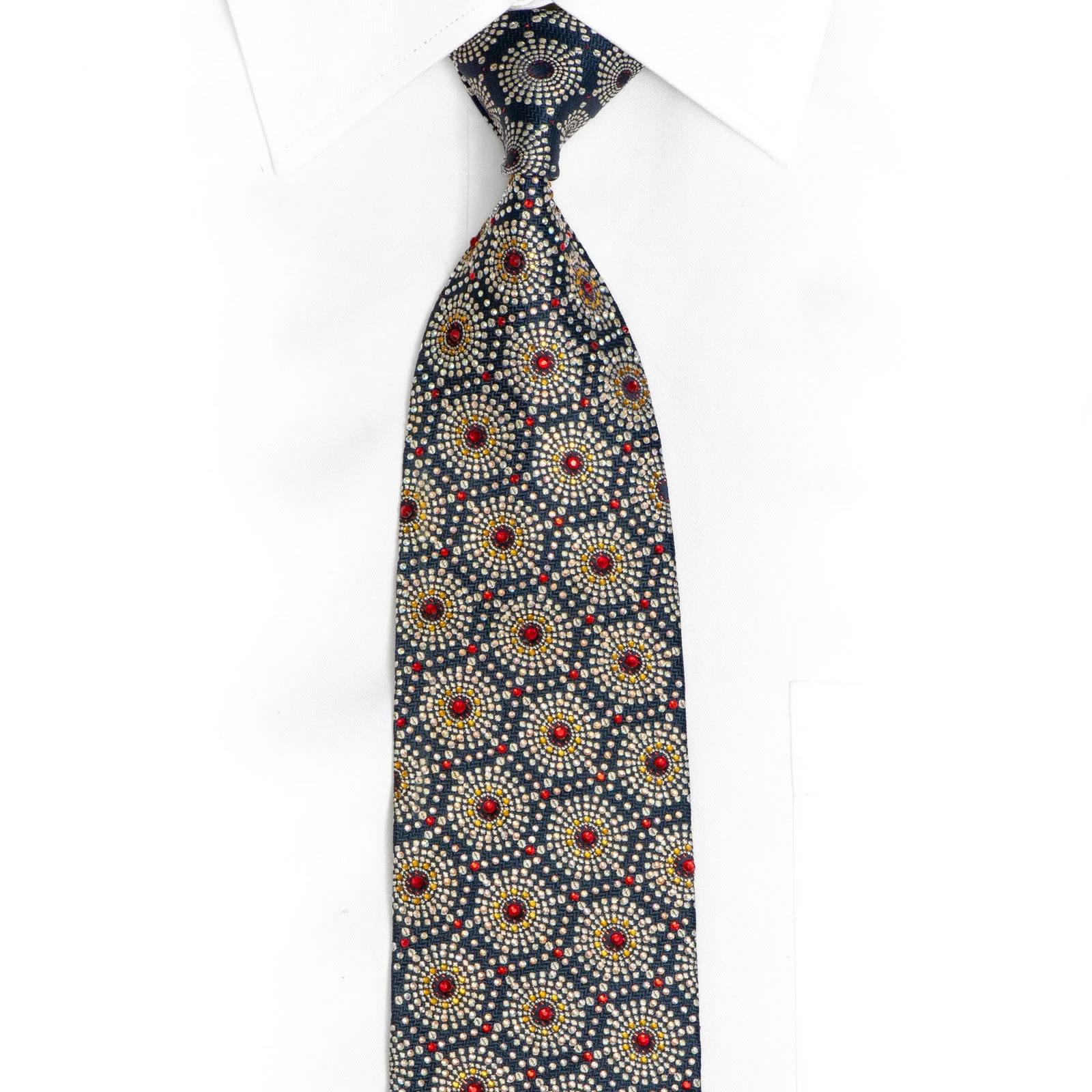 Silver Geometric On Blue Rhinestone Silk Tie With Silver Sparkles