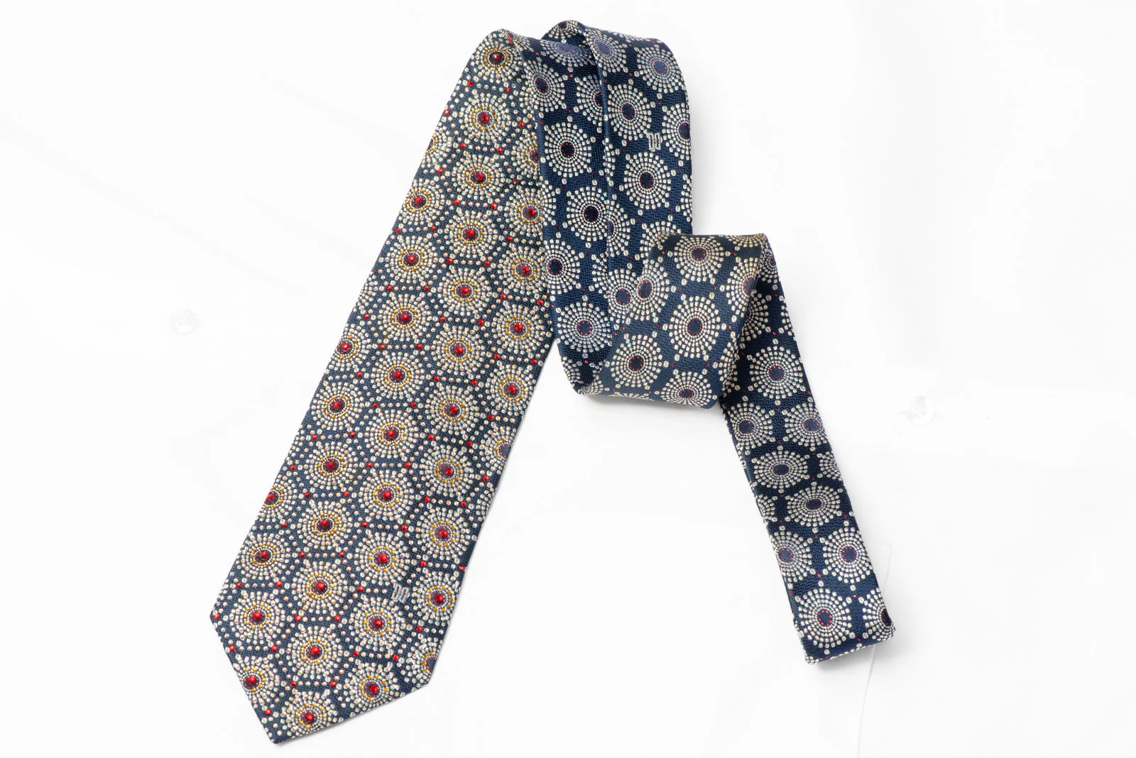 Silver Geometric On Blue Rhinestone Silk Tie With Silver Sparkles - Image 3