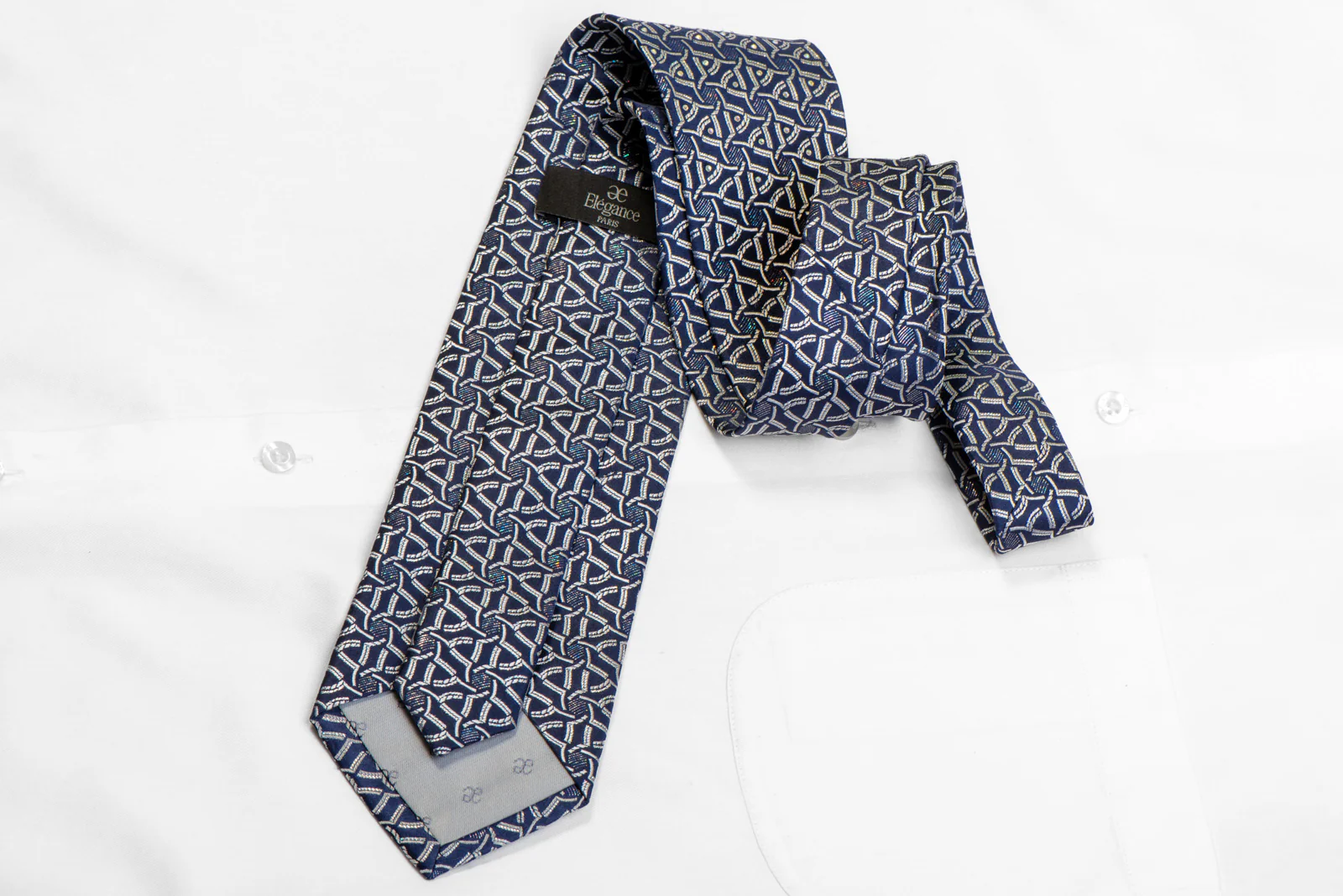 Silver Geometric On Blue Rhinestone Silk  Tie With Sparkles - Image 4