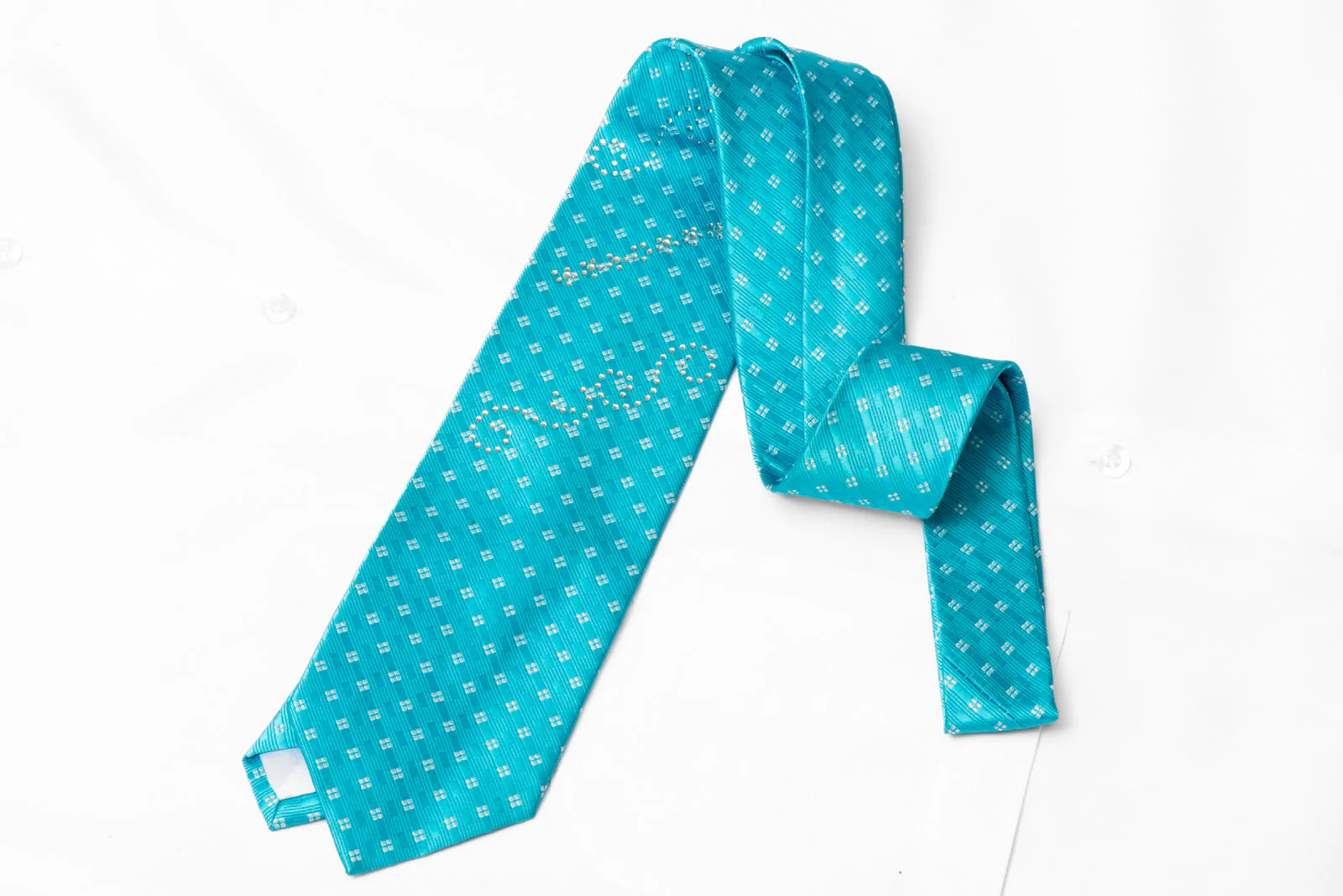 Silver Geometric On Bright Blue Microfiber Rhinestone Tie With Sparkles - Image 3