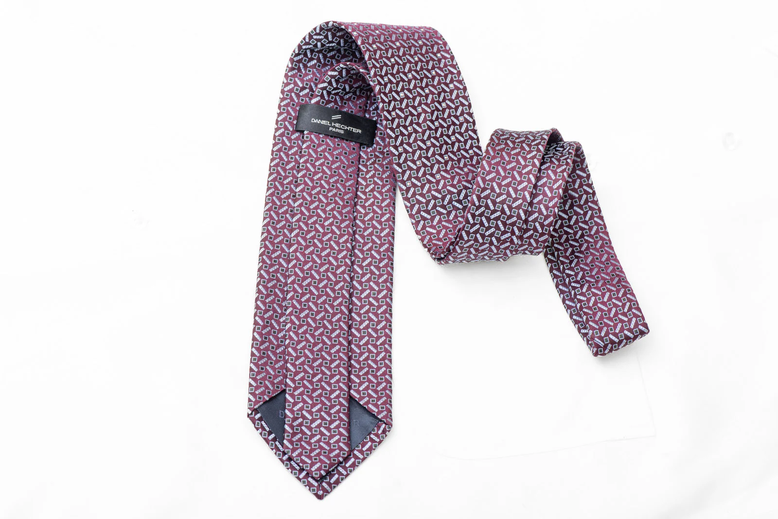 Silver Geometric On Burgundy Rhinestone Silk Necktie With Silver Sparkles - Image 4