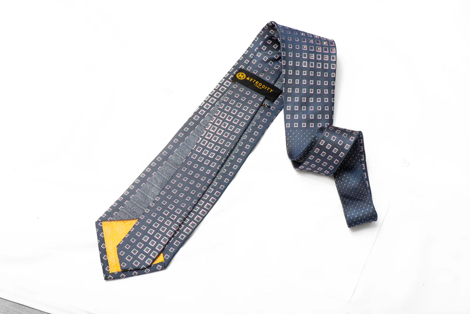 Silver Geometric On Navy Rhinestone Silk Necktie - Image 3