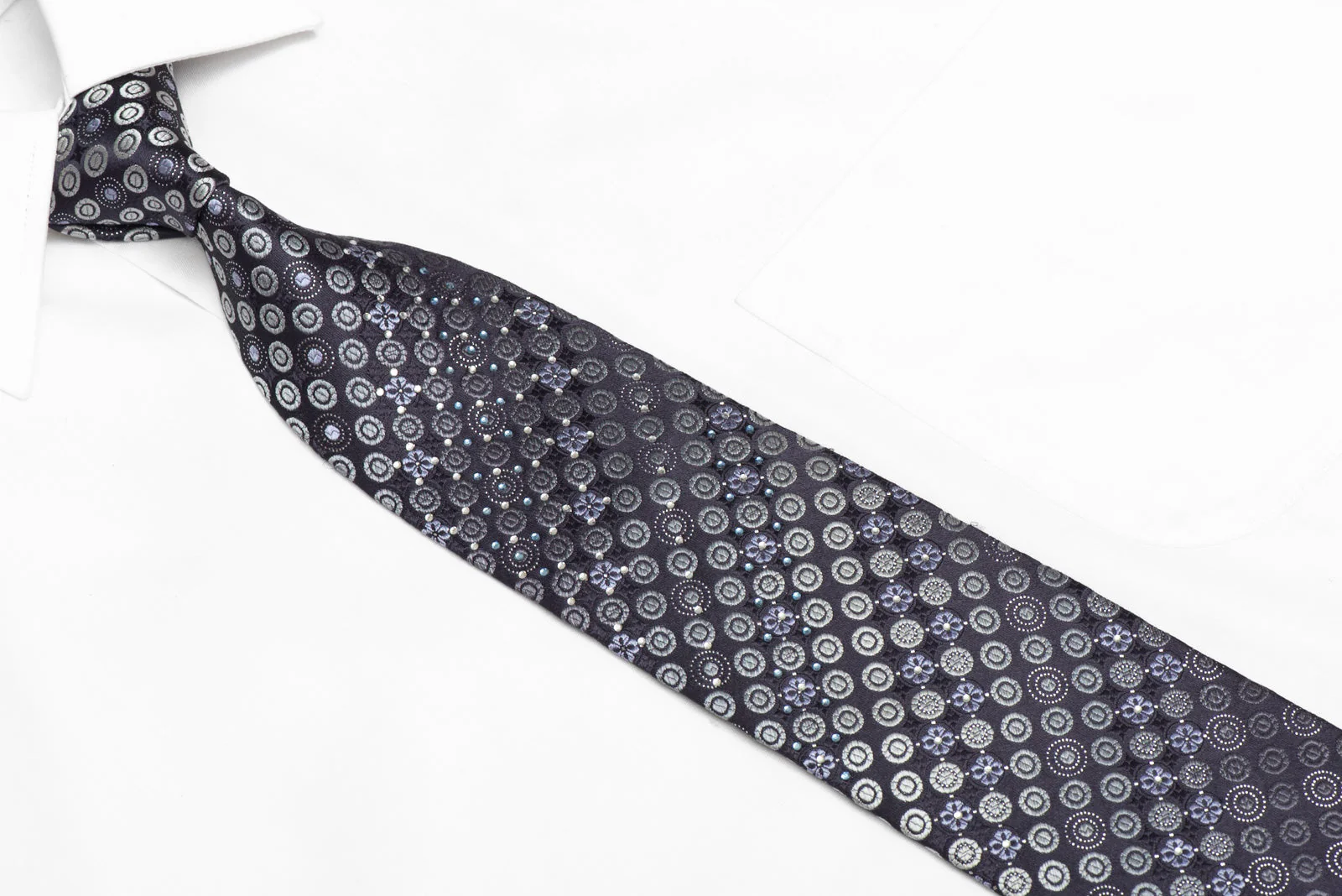 Silver Geometric On Navy Rhinestone Silk Necktie With Silver Sparkles - Image 2