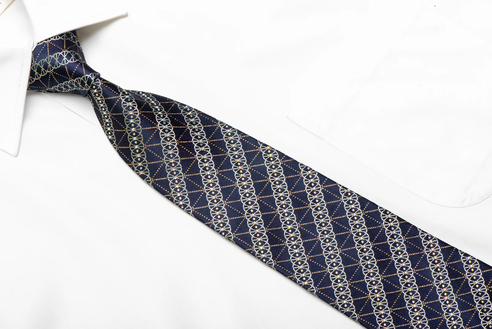 Silver Geometric On Navy Rhinestone Silk Necktie With Silver Sparkles - Image 2