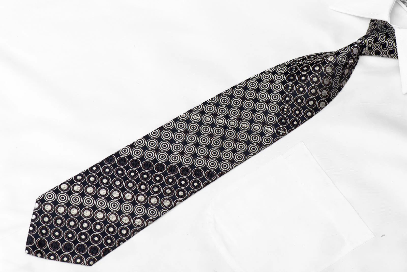 Silver Geometric On Navy Rhinestone Silk Tie With Gold Sparkles - Image 2