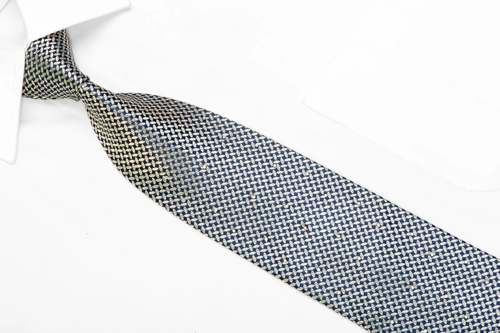 Silver Geometric On Navy Rhinestone Silk Tie With Sparkles - Image 2