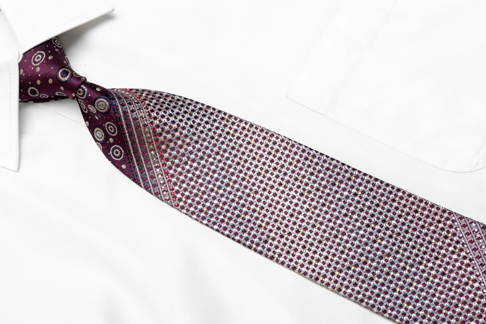 Silver Geometric On Purple Rhinestone Silk Necktie With Silver Sparkles - Image 2