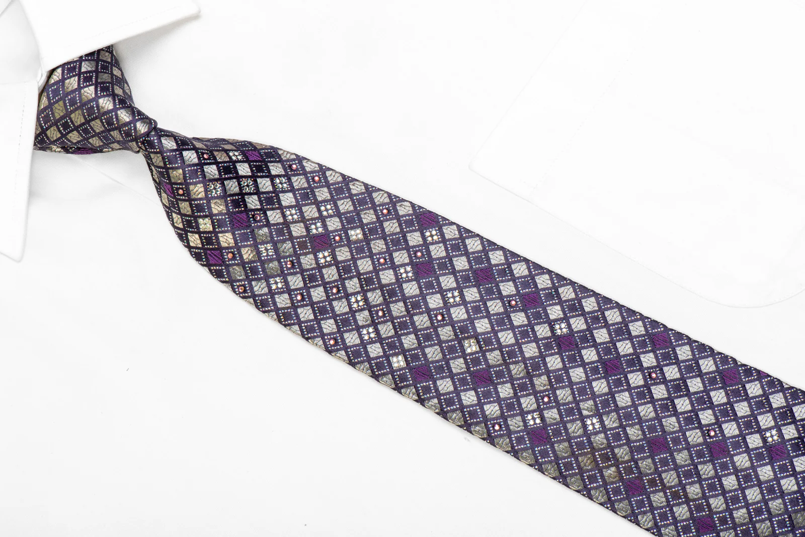 Silver Geometric On Purple Rhinestone Silk Tie With Sparkles - Image 2