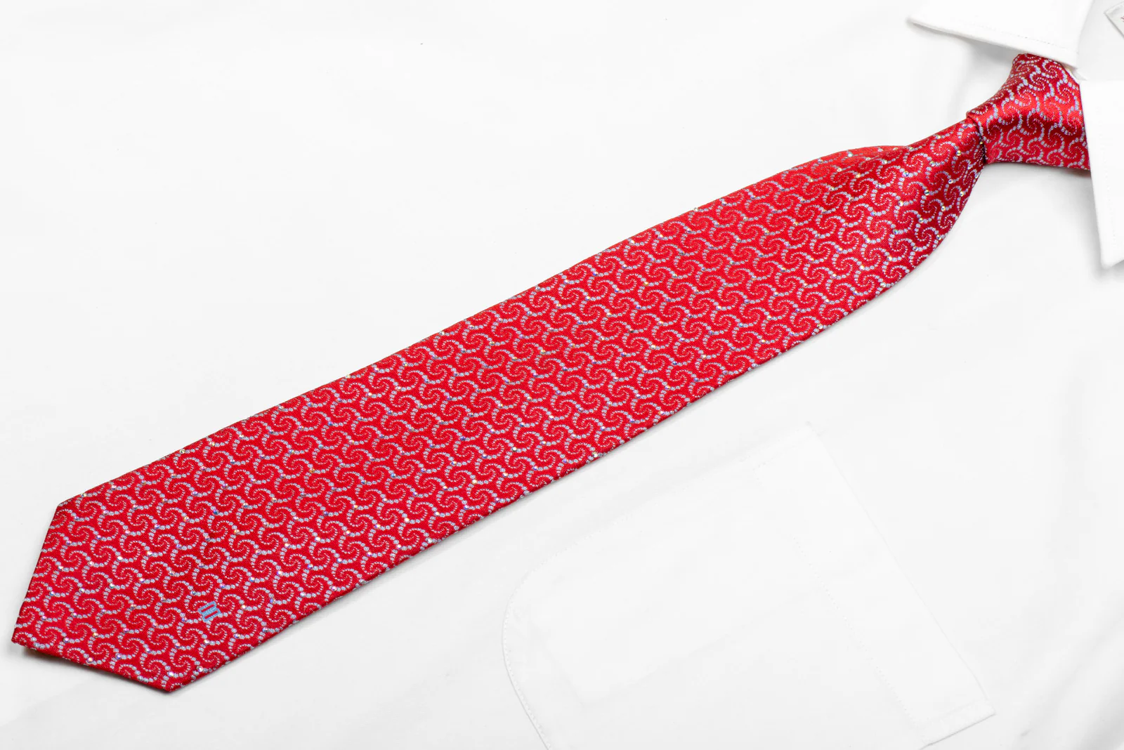 Silver Geometric On Red Rhinestone Silk Necktie With Sparkles - Image 3
