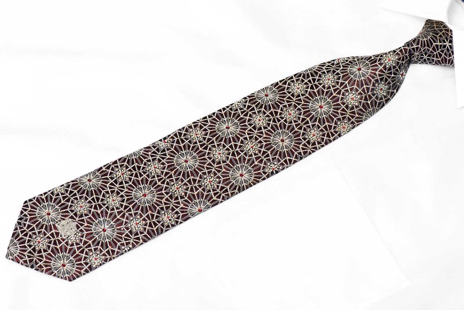 Silver Geometric Trellis On Black Rhinestone Silk Tie With Red Sparkles - Image 2