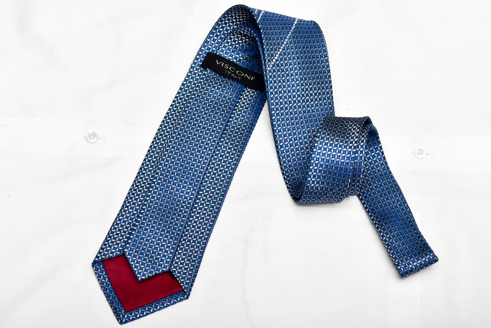 Silver Geometric Trellis On Blue Rhinestone Silk Necktie With Silver Sparkles - Image 4