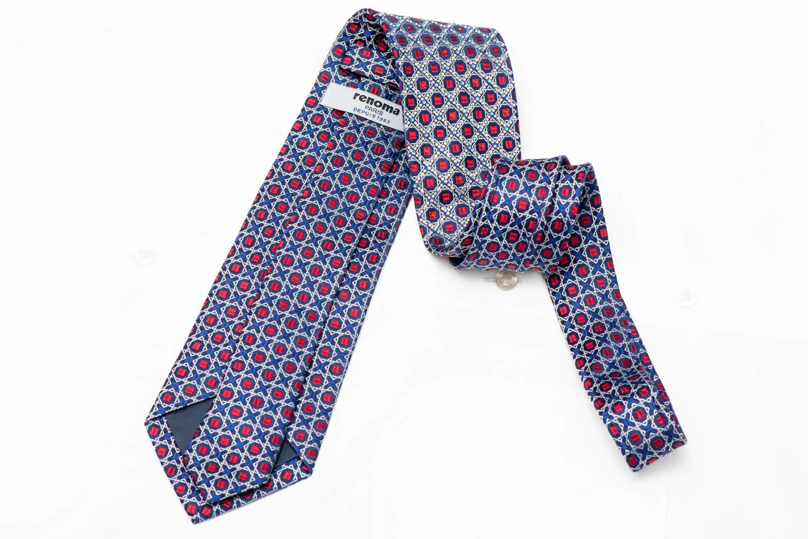 Silver Geometric Trellis On Dark Blue Bling Rhinestone Silk Necktie With Silver Sparkles - Image 3