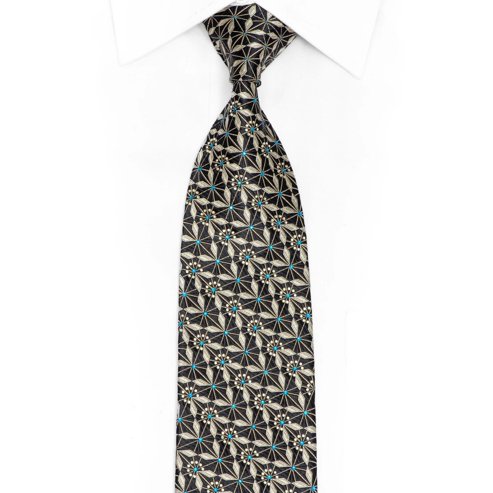Silver Geometric Trellis On Navy Rhinestone Silk Tie With Silver Sparkles