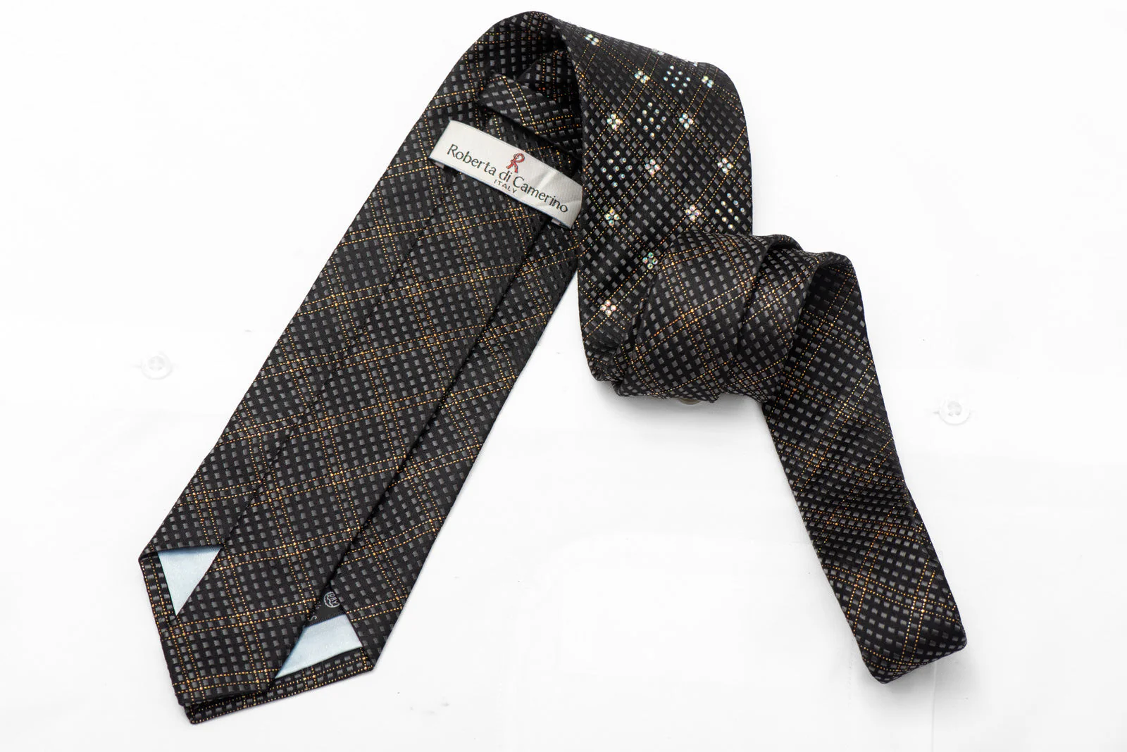 Silver Gold Checkered Geometric On Black Sparkle Tie With Sparkles - Image 3