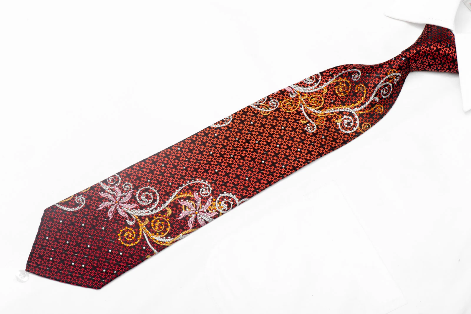Silver Gold Scrolls On Black Orange Rhinestone Silk Tie With Sparkles - Image 2