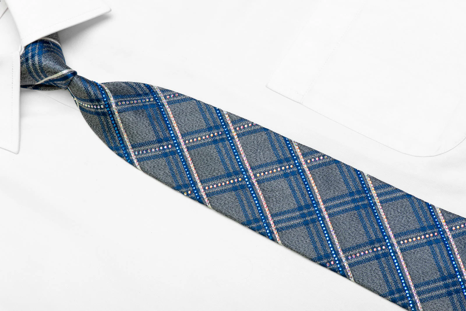 Silver Gray Blue Plaid Rhinestone Woven Silk Necktie With Silver Sparkles - Image 2