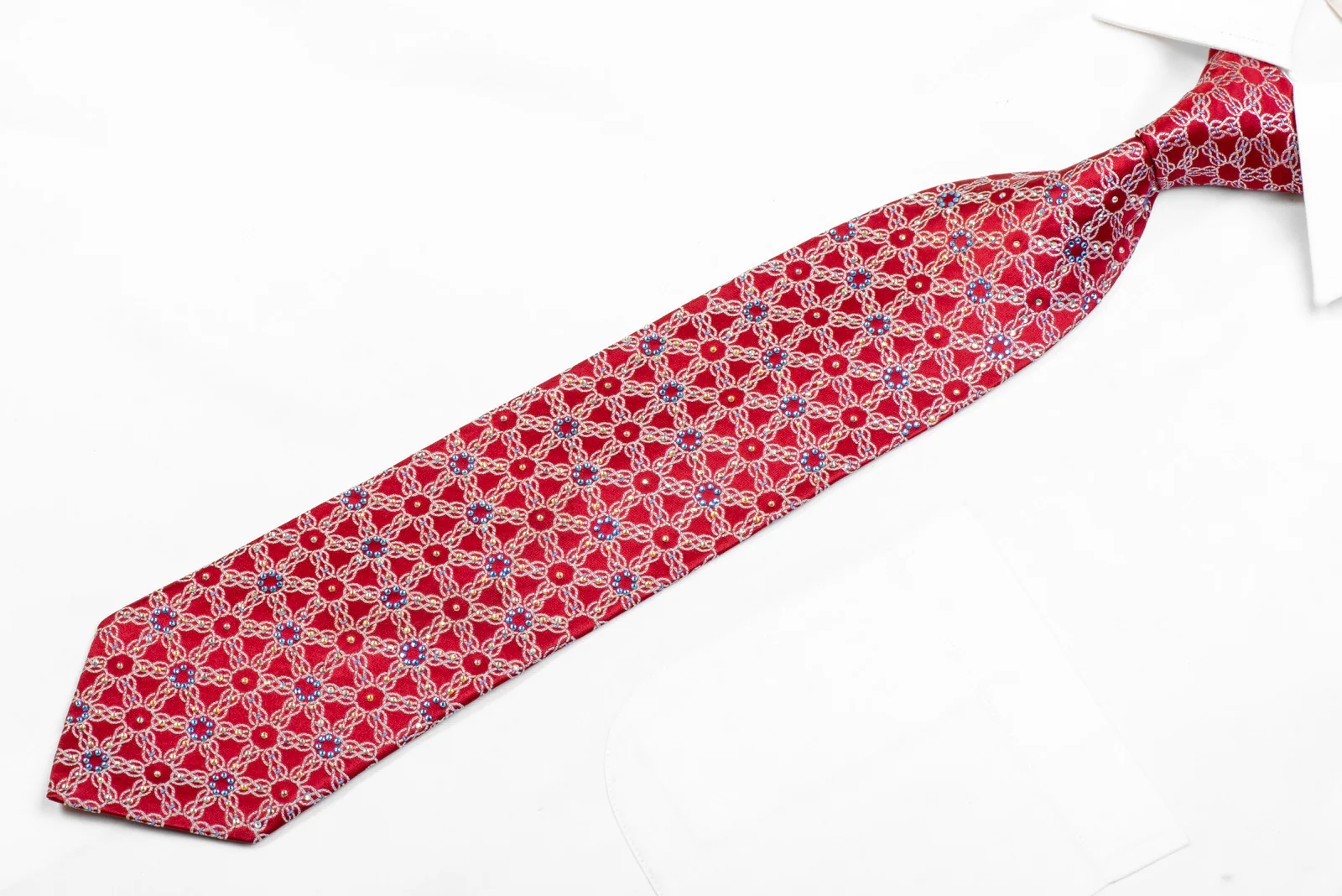 Silver Interlocking Chains On Red Rhinestone Silk Tie - Image 3