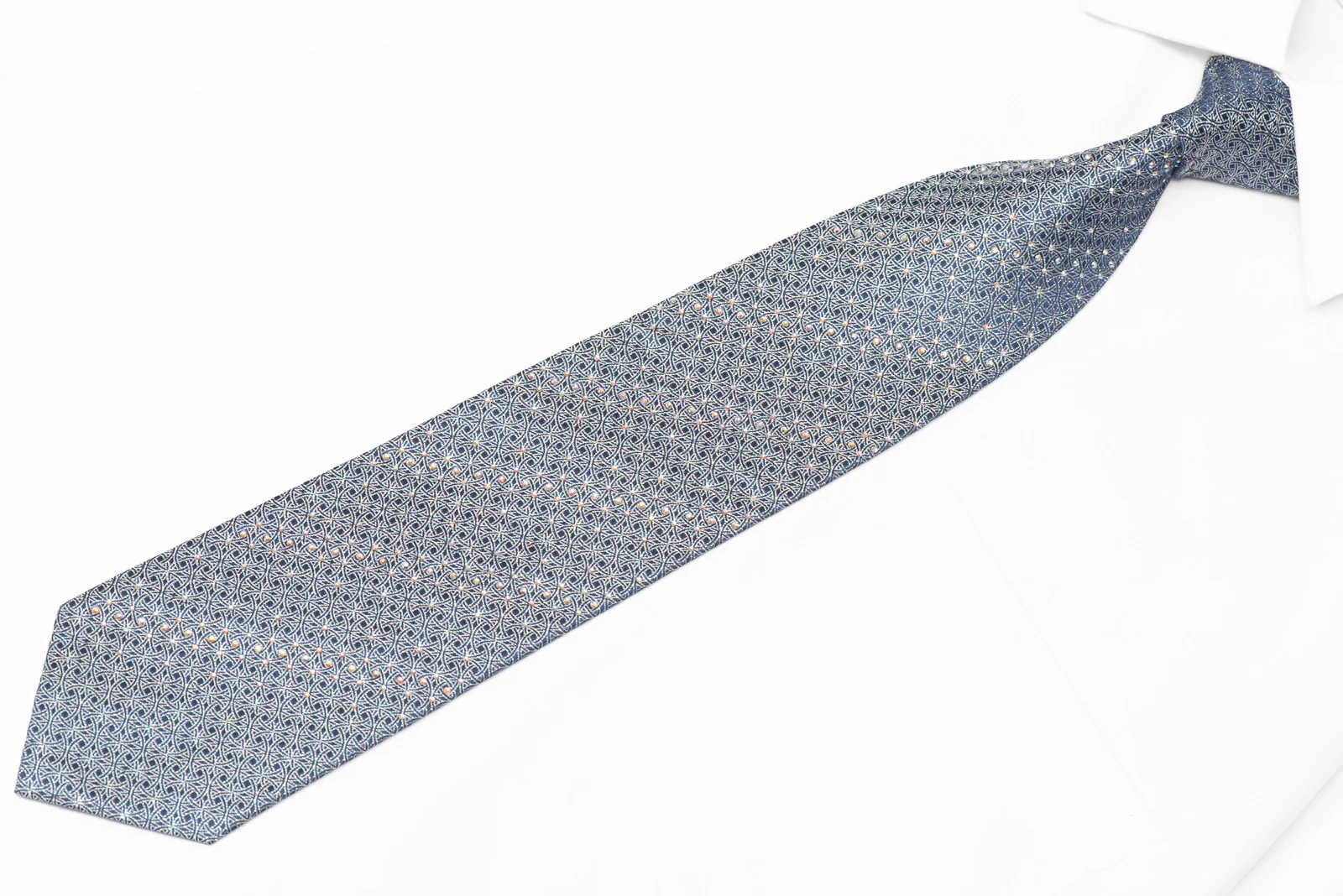 Silver Interlocking Circles On Dark Blue Rhinestone Silk Necktie With Silver Sparkles - Image 2