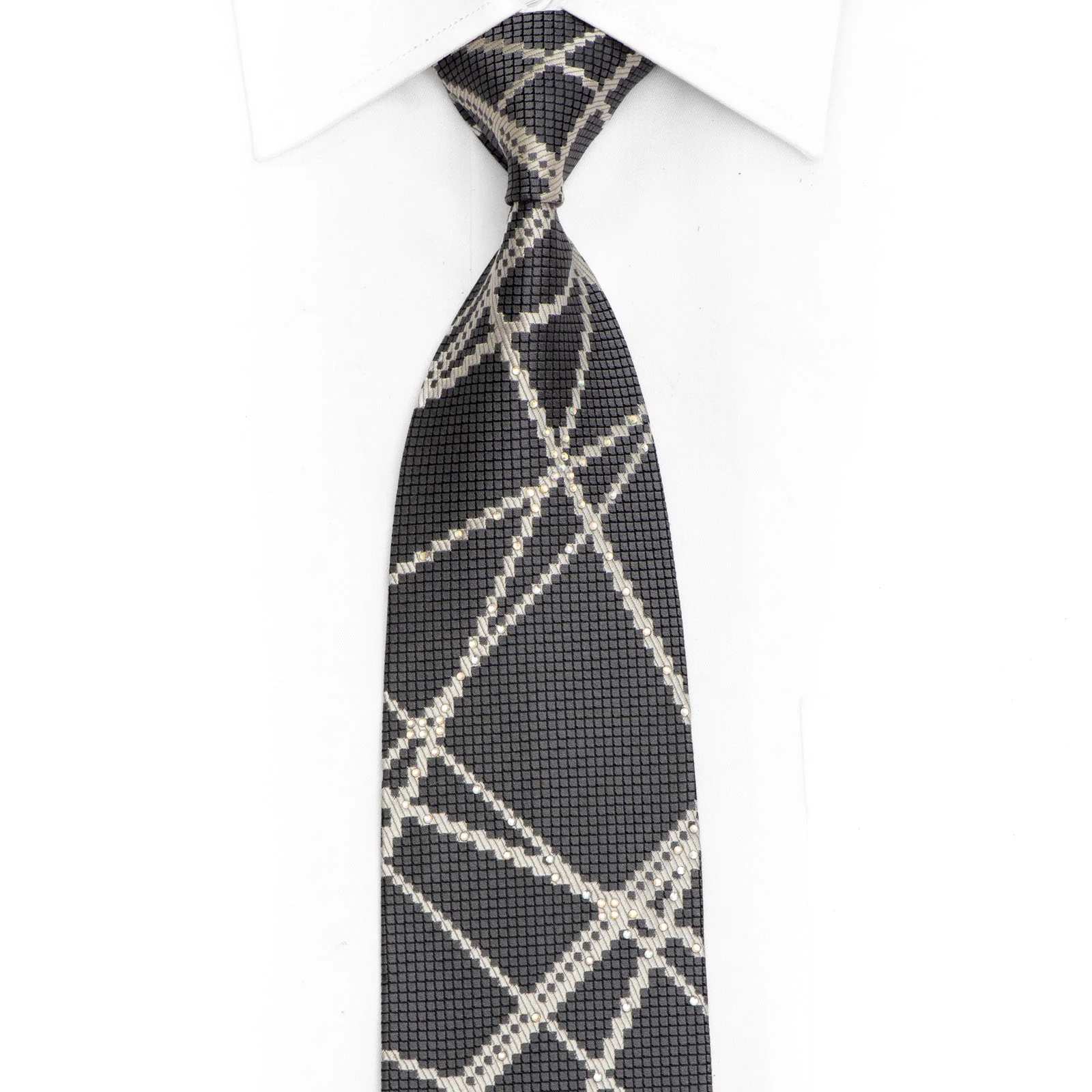 Silver Lines On Gray Rhinestone Silk Tie